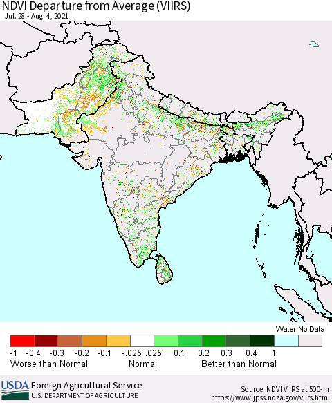 Southern Asia NDVI Departure from Average (VIIRS) Thematic Map For 8/1/2021 - 8/10/2021