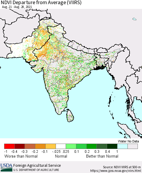Southern Asia NDVI Departure from Average (VIIRS) Thematic Map For 8/21/2021 - 8/31/2021