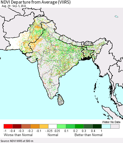Southern Asia NDVI Departure from Average (VIIRS) Thematic Map For 8/29/2021 - 9/5/2021