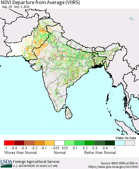 Southern Asia NDVI Departure from Average (VIIRS) Thematic Map For 9/1/2021 - 9/10/2021