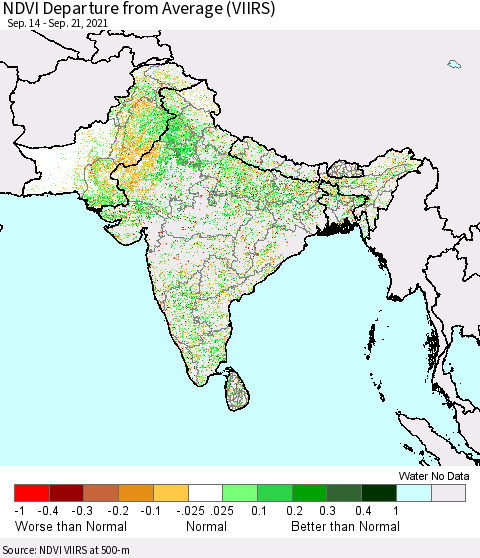Southern Asia NDVI Departure from Average (VIIRS) Thematic Map For 9/14/2021 - 9/21/2021