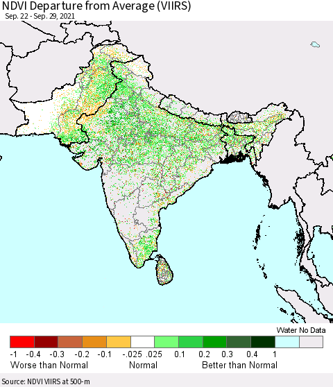 Southern Asia NDVI Departure from Average (VIIRS) Thematic Map For 9/22/2021 - 9/29/2021