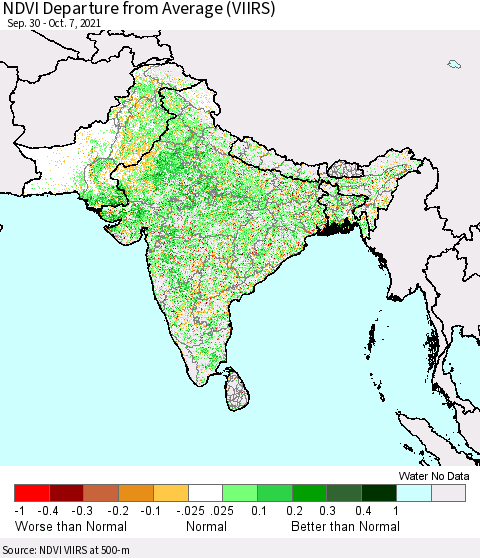 Southern Asia NDVI Departure from Average (VIIRS) Thematic Map For 9/30/2021 - 10/7/2021