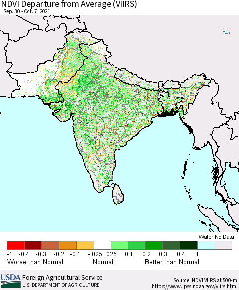 Southern Asia NDVI Departure from Average (VIIRS) Thematic Map For 10/1/2021 - 10/10/2021
