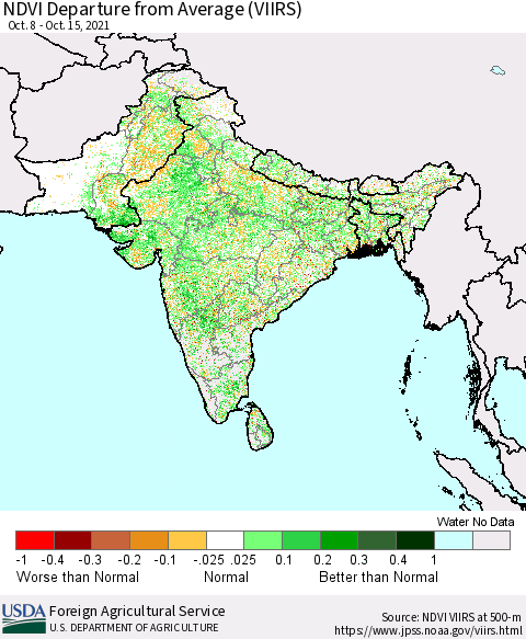 Southern Asia NDVI Departure from Average (VIIRS) Thematic Map For 10/11/2021 - 10/20/2021