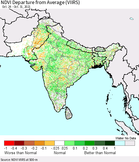 Southern Asia NDVI Departure from Average (VIIRS) Thematic Map For 10/21/2021 - 10/31/2021