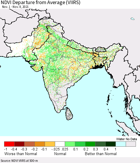 Southern Asia NDVI Departure from Average (VIIRS) Thematic Map For 11/1/2021 - 11/8/2021