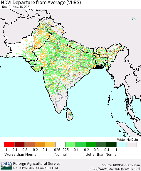 Southern Asia NDVI Departure from Average (VIIRS) Thematic Map For 11/11/2021 - 11/20/2021