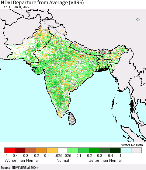 Southern Asia NDVI Departure from Average (VIIRS) Thematic Map For 1/1/2022 - 1/8/2022