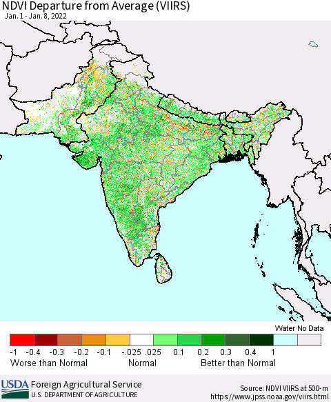 Southern Asia NDVI Departure from Average (VIIRS) Thematic Map For 1/1/2022 - 1/10/2022