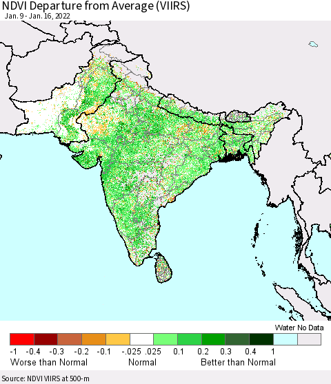 Southern Asia NDVI Departure from Average (VIIRS) Thematic Map For 1/9/2022 - 1/16/2022