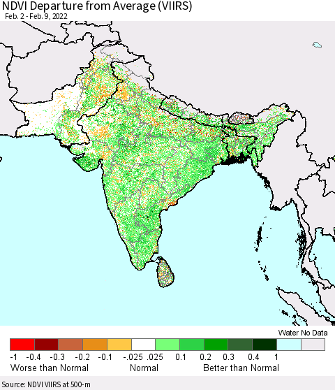 Southern Asia NDVI Departure from Average (VIIRS) Thematic Map For 2/2/2022 - 2/9/2022