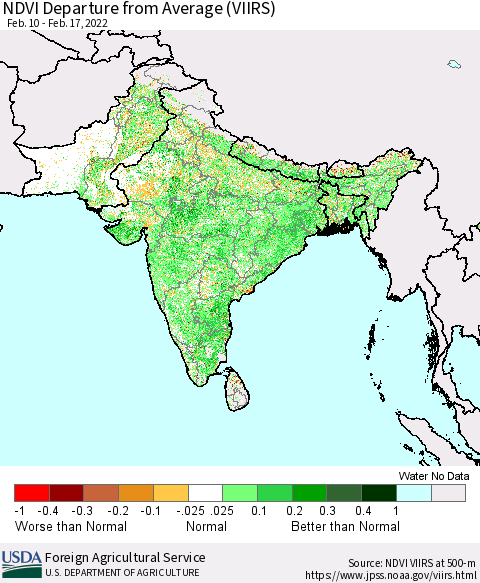Southern Asia NDVI Departure from Average (VIIRS) Thematic Map For 2/11/2022 - 2/20/2022
