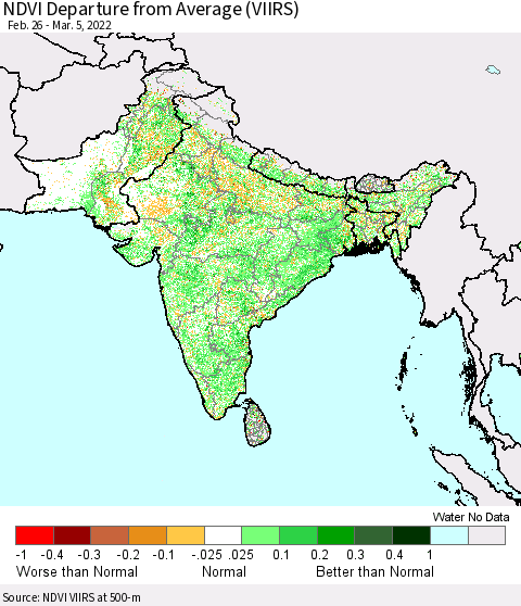 Southern Asia NDVI Departure from Average (VIIRS) Thematic Map For 2/26/2022 - 3/5/2022