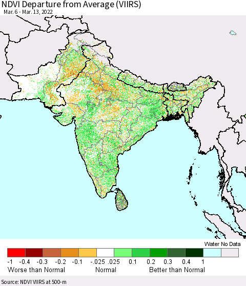 Southern Asia NDVI Departure from Average (VIIRS) Thematic Map For 3/6/2022 - 3/13/2022