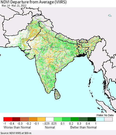 Southern Asia NDVI Departure from Average (VIIRS) Thematic Map For 3/14/2022 - 3/21/2022