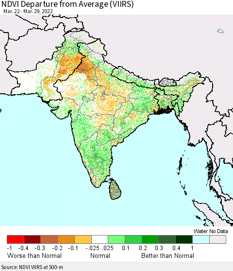 Southern Asia NDVI Departure from Average (VIIRS) Thematic Map For 3/22/2022 - 3/29/2022