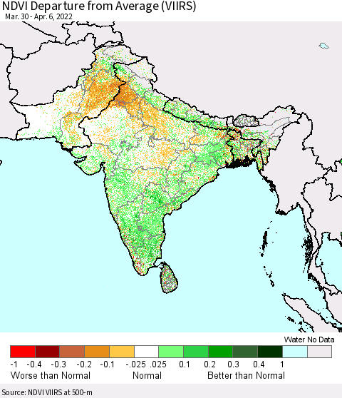 Southern Asia NDVI Departure from Average (VIIRS) Thematic Map For 3/30/2022 - 4/6/2022