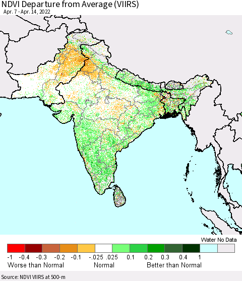 Southern Asia NDVI Departure from Average (VIIRS) Thematic Map For 4/7/2022 - 4/14/2022