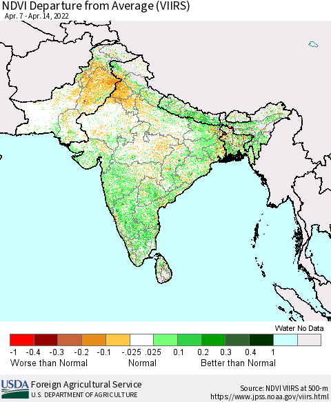 Southern Asia NDVI Departure from Average (VIIRS) Thematic Map For 4/11/2022 - 4/20/2022