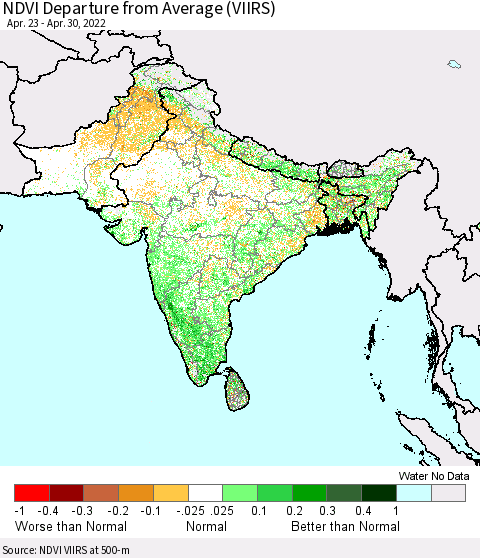 Southern Asia NDVI Departure from Average (VIIRS) Thematic Map For 4/21/2022 - 4/30/2022