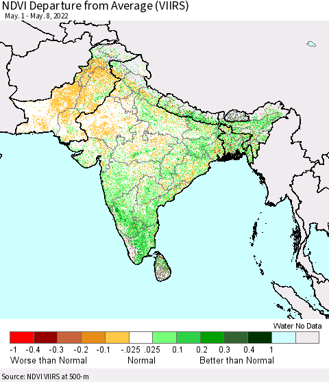Southern Asia NDVI Departure from Average (VIIRS) Thematic Map For 5/1/2022 - 5/8/2022
