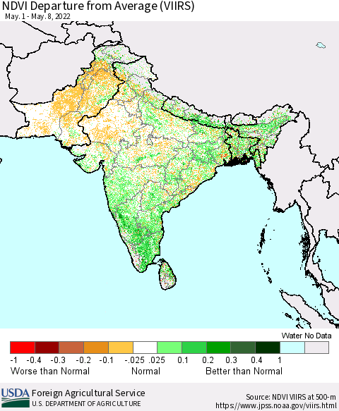 Southern Asia NDVI Departure from Average (VIIRS) Thematic Map For 5/1/2022 - 5/10/2022