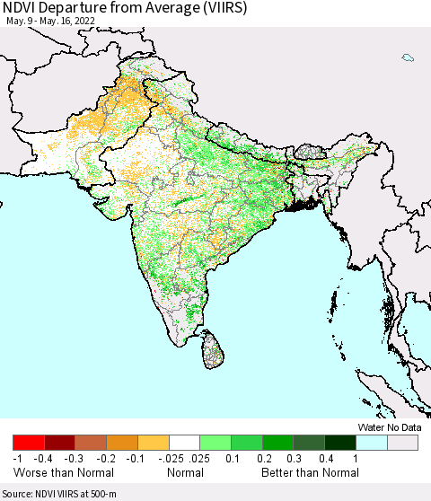 Southern Asia NDVI Departure from Average (VIIRS) Thematic Map For 5/9/2022 - 5/16/2022