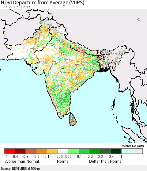 Southern Asia NDVI Departure from Average (VIIRS) Thematic Map For 6/2/2022 - 6/9/2022