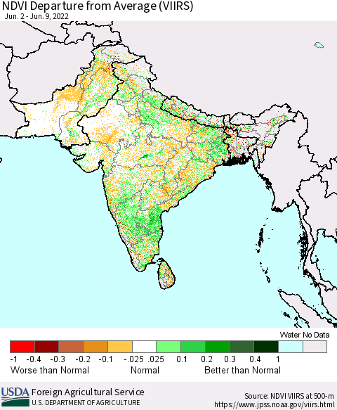Southern Asia NDVI Departure from Average (VIIRS) Thematic Map For 6/1/2022 - 6/10/2022