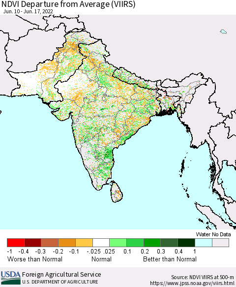 Southern Asia NDVI Departure from Average (VIIRS) Thematic Map For 6/11/2022 - 6/20/2022