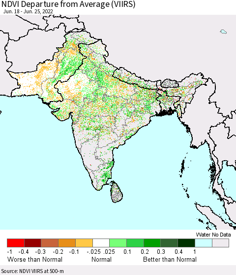 Southern Asia NDVI Departure from Average (VIIRS) Thematic Map For 6/18/2022 - 6/25/2022