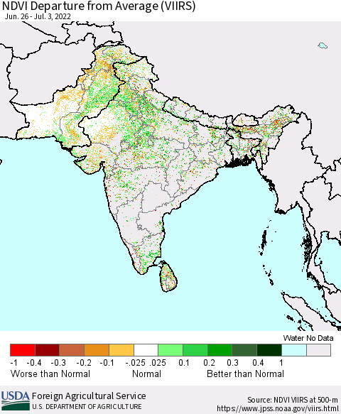 Southern Asia NDVI Departure from Average (VIIRS) Thematic Map For 7/1/2022 - 7/10/2022