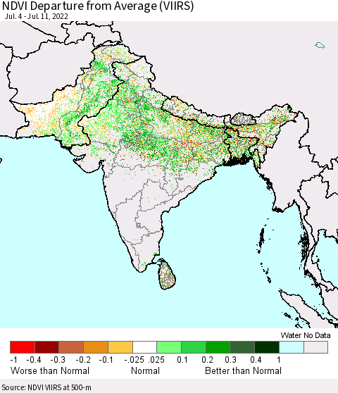 Southern Asia NDVI Departure from Average (VIIRS) Thematic Map For 7/4/2022 - 7/11/2022