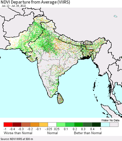 Southern Asia NDVI Departure from Average (VIIRS) Thematic Map For 7/12/2022 - 7/19/2022