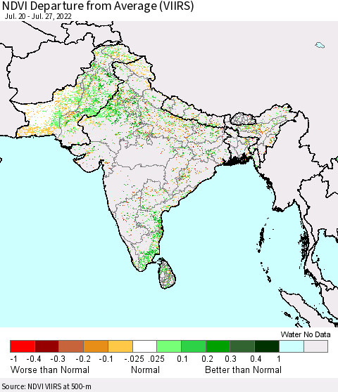 Southern Asia NDVI Departure from Average (VIIRS) Thematic Map For 7/20/2022 - 7/27/2022