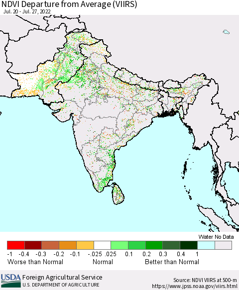 Southern Asia NDVI Departure from Average (VIIRS) Thematic Map For 7/21/2022 - 7/31/2022