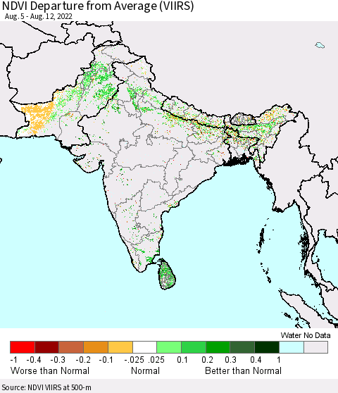 Southern Asia NDVI Departure from Average (VIIRS) Thematic Map For 8/5/2022 - 8/12/2022
