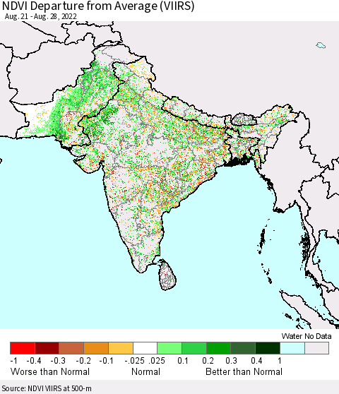 Southern Asia NDVI Departure from Average (VIIRS) Thematic Map For 8/21/2022 - 8/28/2022