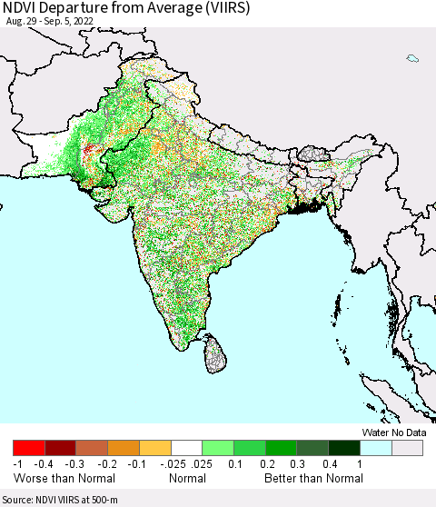 Southern Asia NDVI Departure from Average (VIIRS) Thematic Map For 8/29/2022 - 9/5/2022