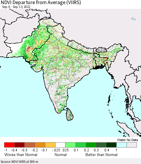 Southern Asia NDVI Departure from Average (VIIRS) Thematic Map For 9/6/2022 - 9/13/2022