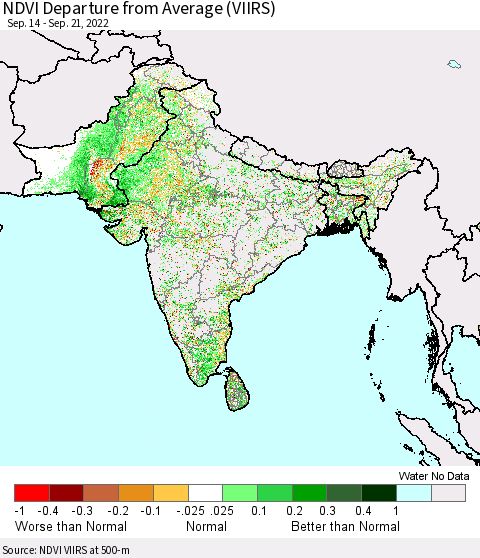 Southern Asia NDVI Departure from Average (VIIRS) Thematic Map For 9/14/2022 - 9/21/2022