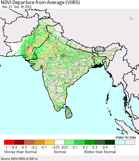 Southern Asia NDVI Departure from Average (VIIRS) Thematic Map For 9/22/2022 - 9/29/2022