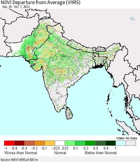 Southern Asia NDVI Departure from Average (VIIRS) Thematic Map For 9/30/2022 - 10/7/2022