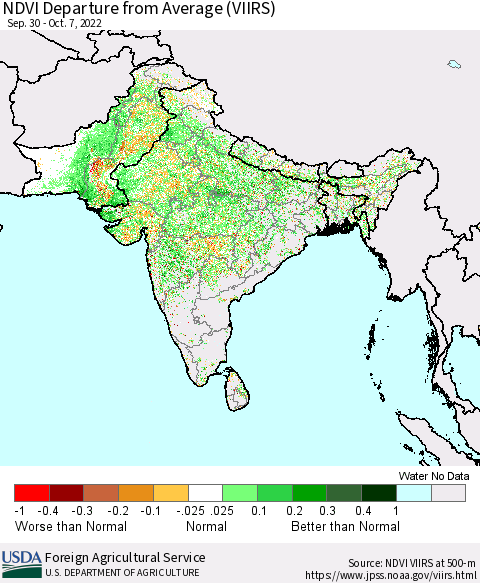 Southern Asia NDVI Departure from Average (VIIRS) Thematic Map For 10/1/2022 - 10/10/2022