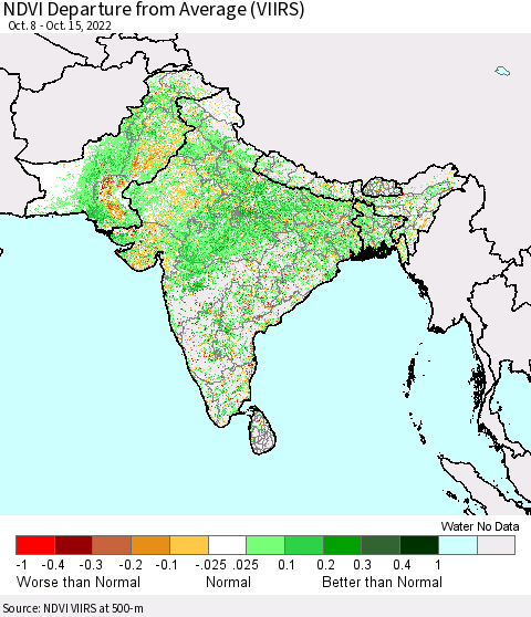 Southern Asia NDVI Departure from Average (VIIRS) Thematic Map For 10/8/2022 - 10/15/2022