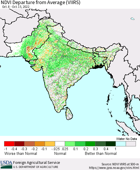 Southern Asia NDVI Departure from Average (VIIRS) Thematic Map For 10/11/2022 - 10/20/2022