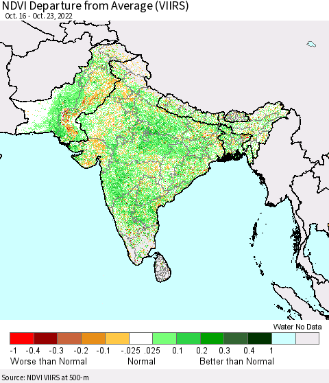 Southern Asia NDVI Departure from Average (VIIRS) Thematic Map For 10/16/2022 - 10/23/2022