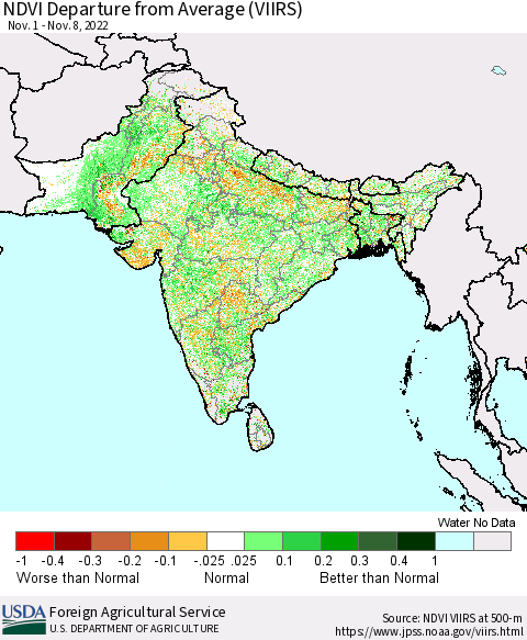 Southern Asia NDVI Departure from Average (VIIRS) Thematic Map For 11/1/2022 - 11/10/2022
