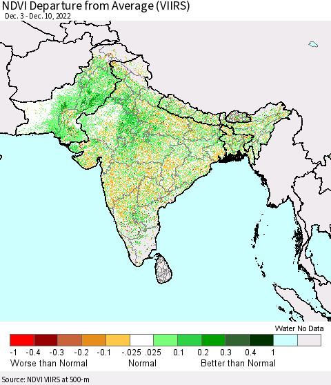 Southern Asia NDVI Departure from Average (VIIRS) Thematic Map For 12/1/2022 - 12/10/2022